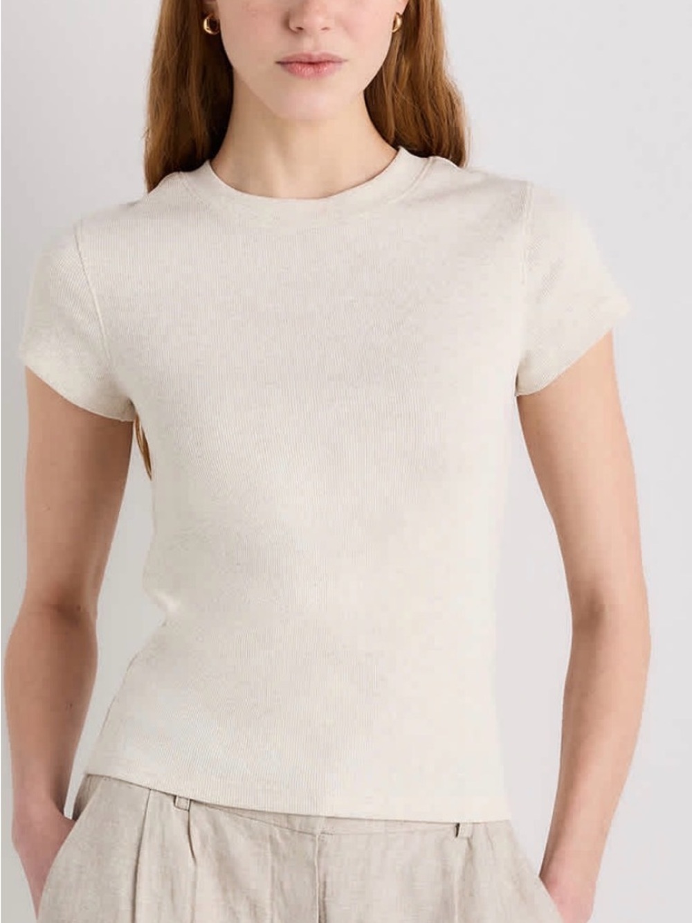 Quince Ribbed Short-Sleeve Crewneck Top in Cream